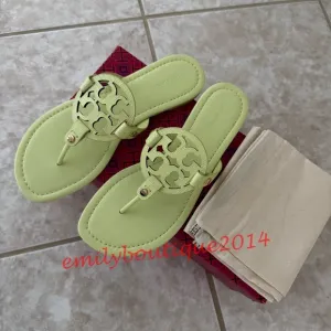 NIB Tory Burch Miller Size 8 Lime Leaf Embossed Leather Sandals Retail $198