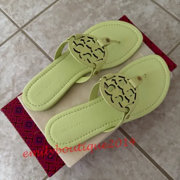 NIB Tory Burch Miller Size 8 Lime Leaf Embossed Leather Sandals Retail $198