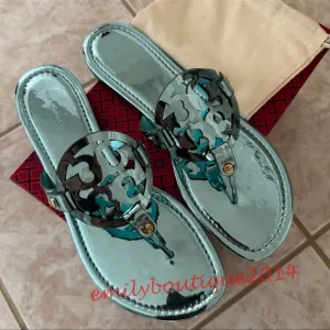 NIB Tory Burch Miller Size 8.5 Teal Mirrored Metallic PU Sandals Retail $198