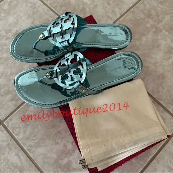 NIB Tory Burch Miller Size 8.5 Teal Mirrored Metallic PU Sandals Retail $198