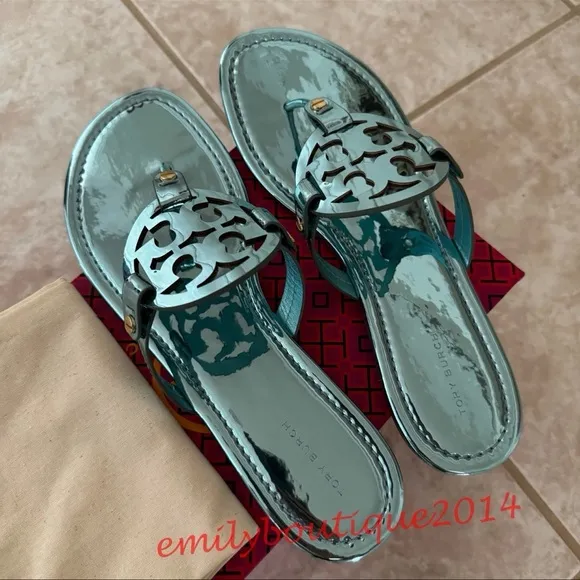 NIB Tory Burch Miller Size 8.5 Teal Mirrored Metallic PU Sandals Retail $198