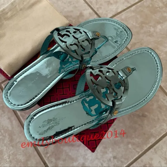 NIB Tory Burch Miller Size 8.5 Teal Mirrored Metallic PU Sandals Retail $198