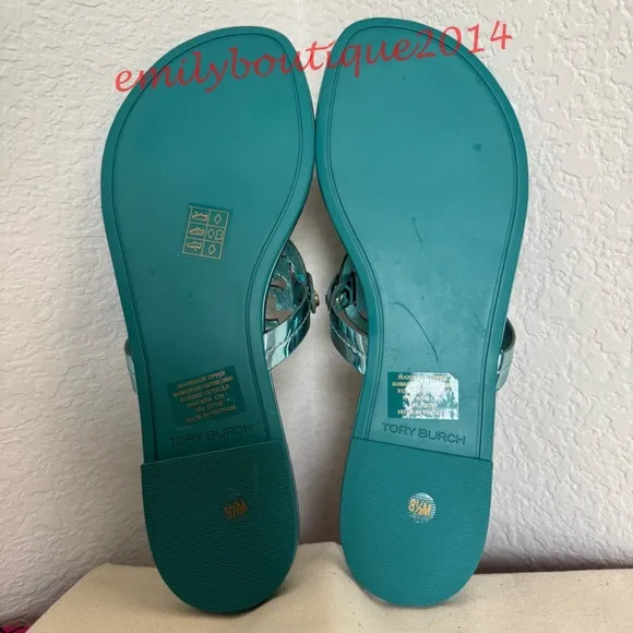 NIB Tory Burch Miller Size 8.5 Teal Mirrored Metallic PU Sandals Retail $198