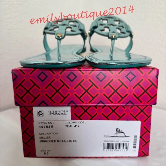 NIB Tory Burch Miller Size 8.5 Teal Mirrored Metallic PU Sandals Retail $198