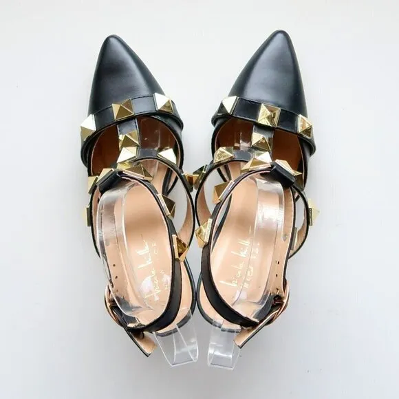 Nicole Miller Selty Black &amp; Gold Pointy Toe Studded Heels / Pumps / Sandals 6.5
