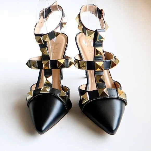 Nicole Miller Selty Black &amp; Gold Pointy Toe Studded Heels / Pumps / Sandals 6.5