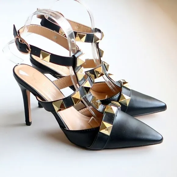 Nicole Miller Selty Black &amp; Gold Pointy Toe Studded Heels / Pumps / Sandals 6.5