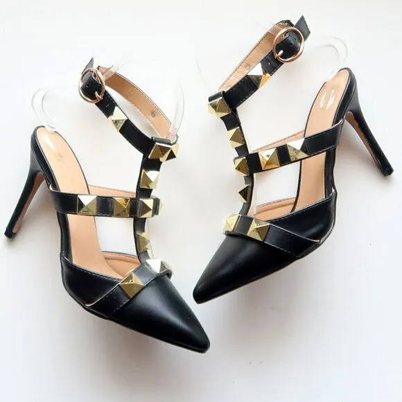 Nicole Miller Selty Black &amp; Gold Pointy Toe Studded Heels / Pumps / Sandals 6.5