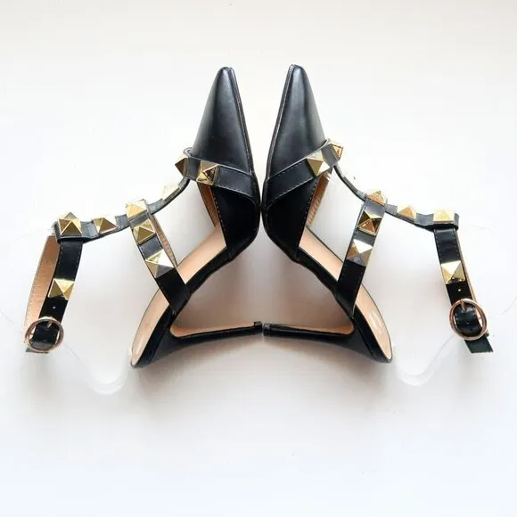 Nicole Miller Selty Black &amp; Gold Pointy Toe Studded Heels / Pumps / Sandals 6.5