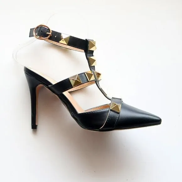 Nicole Miller Selty Black &amp; Gold Pointy Toe Studded Heels / Pumps / Sandals 6.5