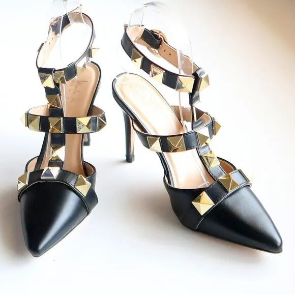 Nicole Miller Selty Black &amp; Gold Pointy Toe Studded Heels / Pumps / Sandals 6.5