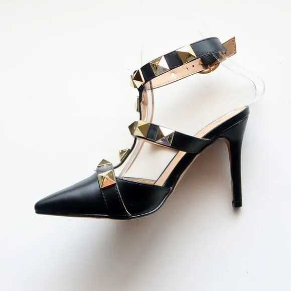 Nicole Miller Selty Black &amp; Gold Pointy Toe Studded Heels / Pumps / Sandals 6.5