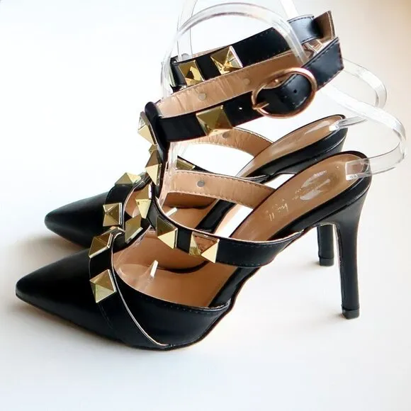 Nicole Miller Selty Black &amp; Gold Pointy Toe Studded Heels / Pumps / Sandals 6.5