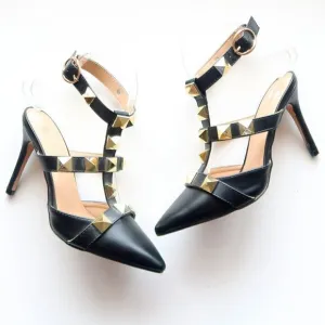 Nicole Miller Selty Black &amp; Gold Pointy Toe Studded Heels / Pumps / Sandals 6.5