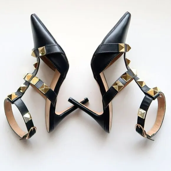 Nicole Miller Selty Black &amp; Gold Pointy Toe Studded Heels / Pumps / Sandals 6.5
