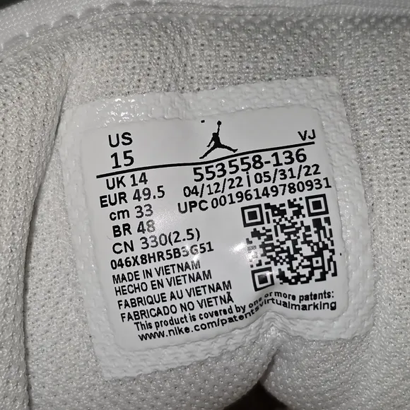 Nike Air Jordan 1 Low Triple White Sneaker DV0990-111 Men's Size 15