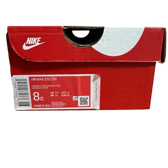 Nike Air Max 270 (TD) Kid Size 8C Running Basketball Sneakers University Red