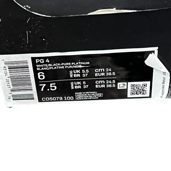 Nike Sneakers Mens 6 Black White PG 4 PAUL GEORGE BASKETBALL RARE NEW CD5079 100