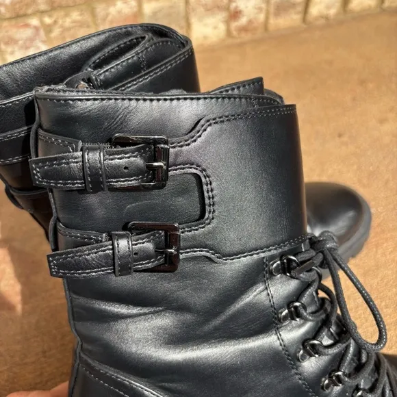 Nine West Halima Faux Vegan Leather Black Lug Sole Combat Lace Up Boots Size 8.5