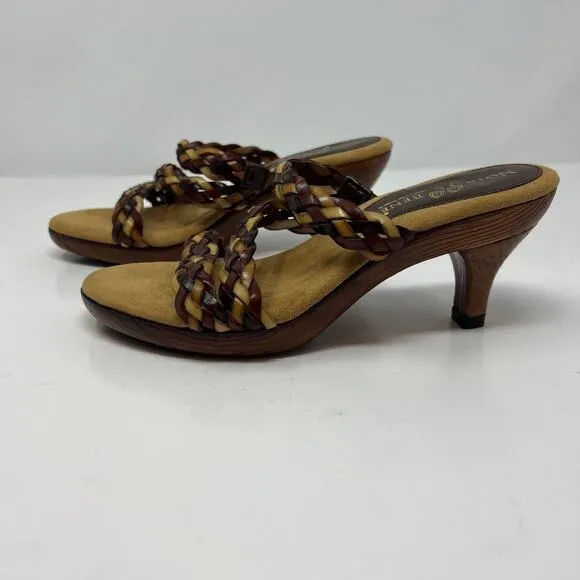 Nota Bene Sandals Women's 7 Wood Kitten Heel Strappy Leather RARE Non-Slip EUC
