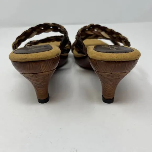 Nota Bene Sandals Women's 7 Wood Kitten Heel Strappy Leather RARE Non-Slip EUC