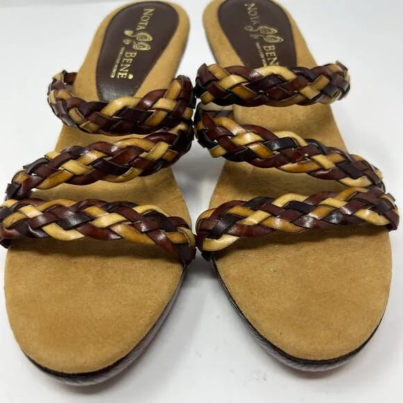 Nota Bene Sandals Women's 7 Wood Kitten Heel Strappy Leather RARE Non-Slip EUC