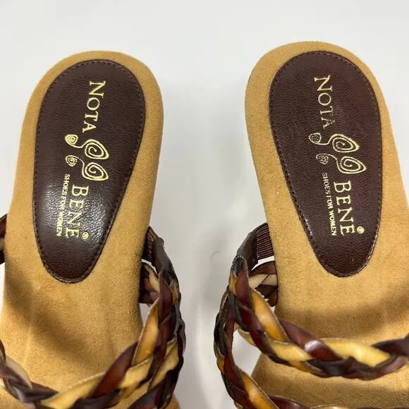 Nota Bene Sandals Women's 7 Wood Kitten Heel Strappy Leather RARE Non-Slip EUC