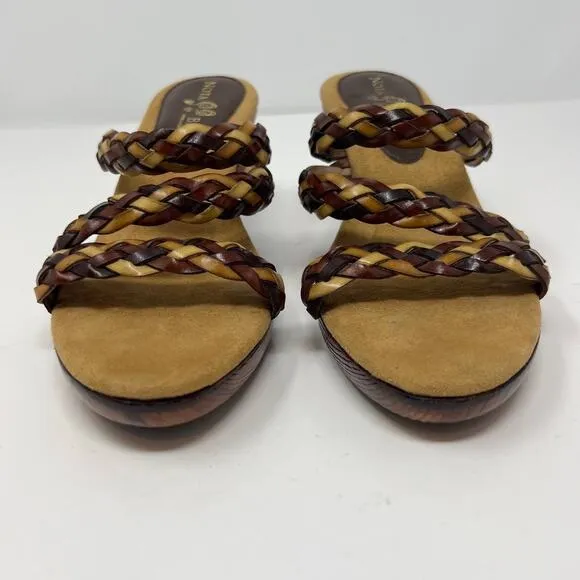 Nota Bene Sandals Women's 7 Wood Kitten Heel Strappy Leather RARE Non-Slip EUC