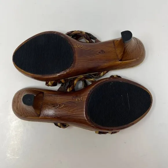 Nota Bene Sandals Women's 7 Wood Kitten Heel Strappy Leather RARE Non-Slip EUC