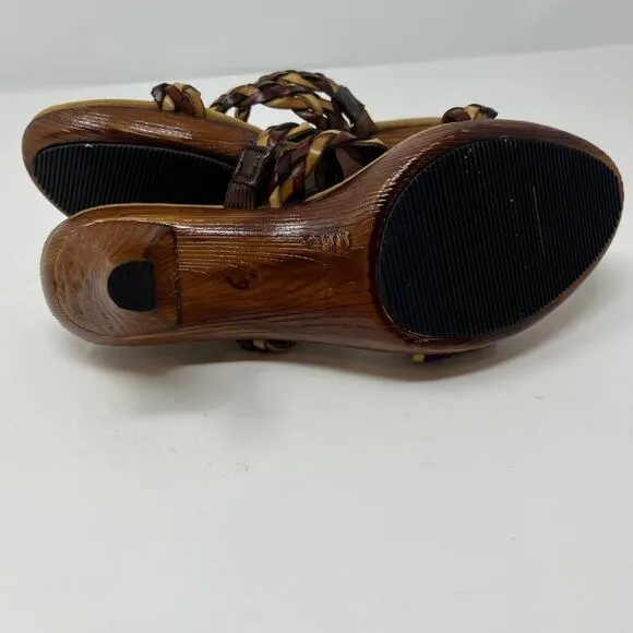 Nota Bene Sandals Women's 7 Wood Kitten Heel Strappy Leather RARE Non-Slip EUC