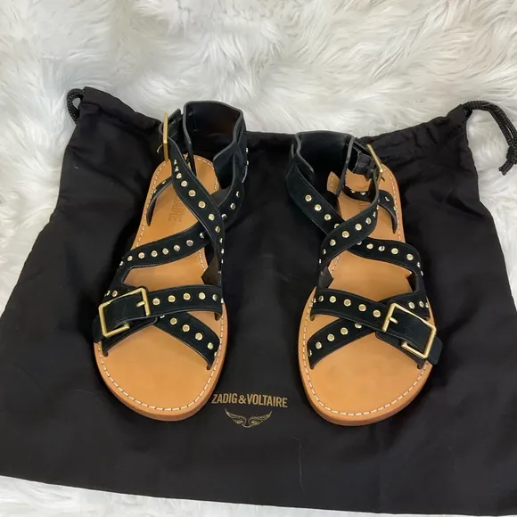 NWE Zadig &amp; Voltaire Cecilia Black Studs Caprese Sandals Size 6