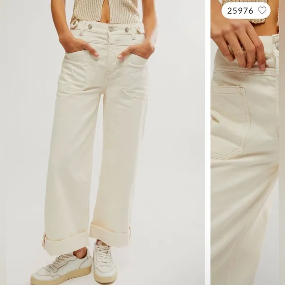 NWOT Free People We The Free Palmer Cuffed Jeans - eggshell white cream - 27