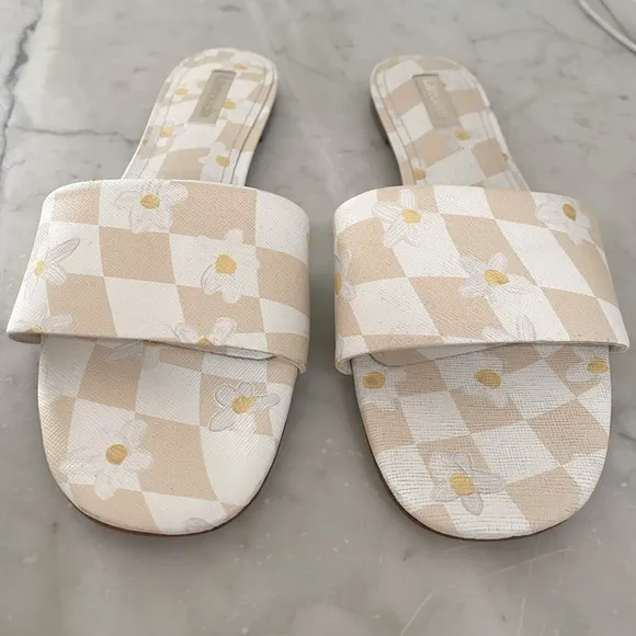 NWOT LARROUDE Daisy Checkered Leather Slide Sandals