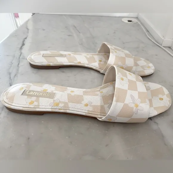 NWOT LARROUDE Daisy Checkered Leather Slide Sandals