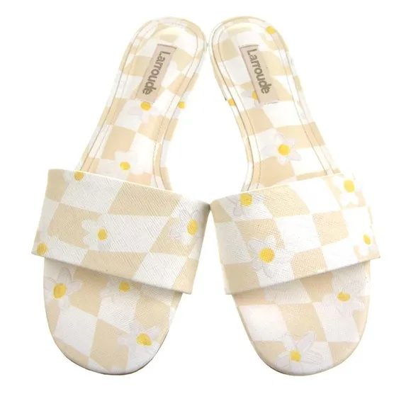 NWOT LARROUDE Daisy Checkered Leather Slide Sandals