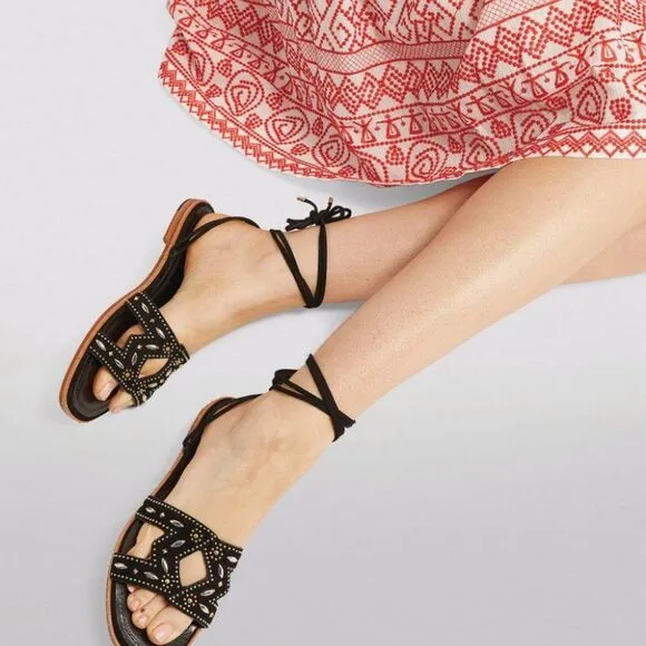 NWOT Maje Black Leather Studded Laceup Flat Sandals