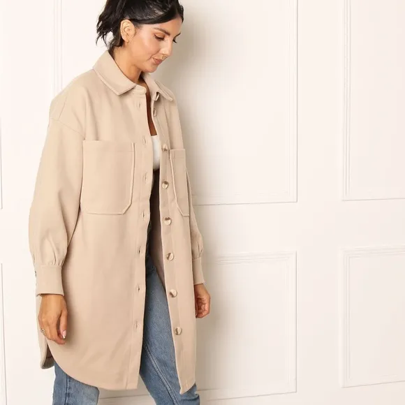 NWOT ONLY TRILLION‎ LONGLINE WORKWEAR SHACKET IN CREAMY BEIGE Size XS