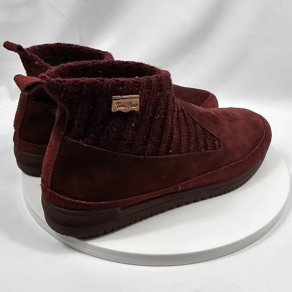 NWOT Toni Pons Gigi Bootie Ankle Boots Suede Chunky Knit Pull-On Burgandy 41 10