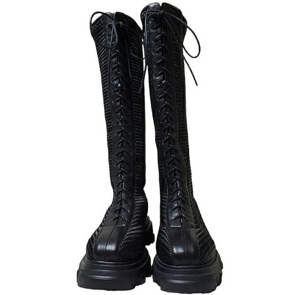 NWOT Front Lace-Up Woven Stretchy Platform Alternative Punk Goth Edgy Boots