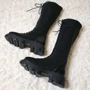NWOT Front Lace-Up Woven Stretchy Platform Alternative Punk Goth Edgy Boots