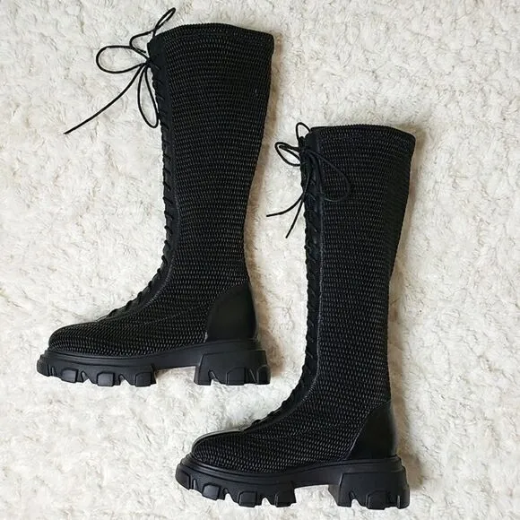NWOT Front Lace-Up Woven Stretchy Platform Alternative Punk Goth Edgy Boots