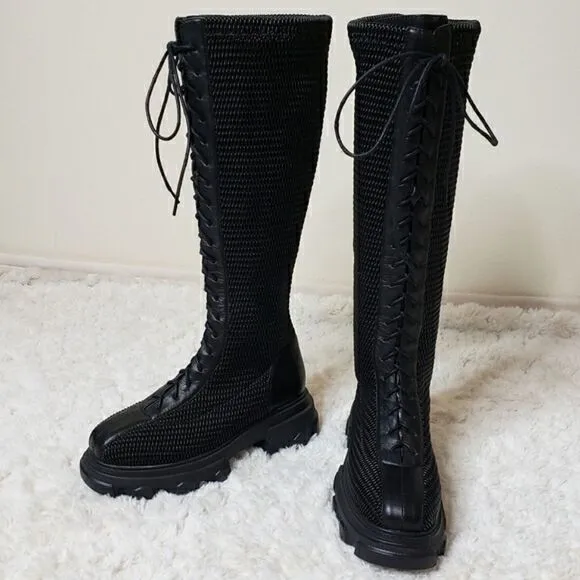 NWOT Front Lace-Up Woven Stretchy Platform Alternative Punk Goth Edgy Boots