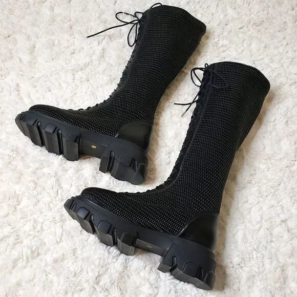NWOT Front Lace-Up Woven Stretchy Platform Alternative Punk Goth Edgy Boots