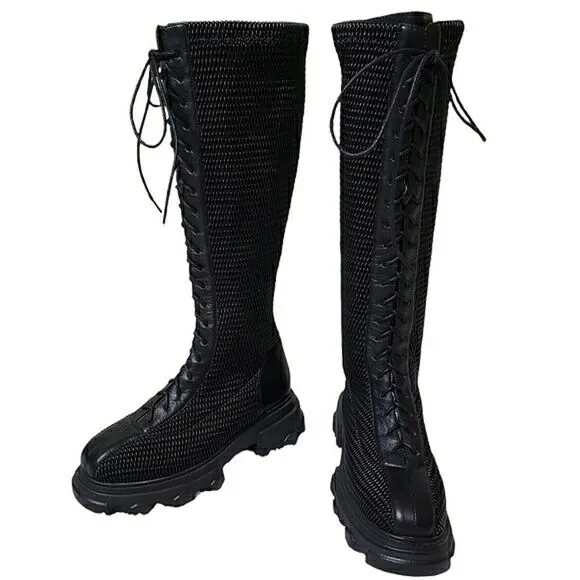 NWOT Front Lace-Up Woven Stretchy Platform Alternative Punk Goth Edgy Boots