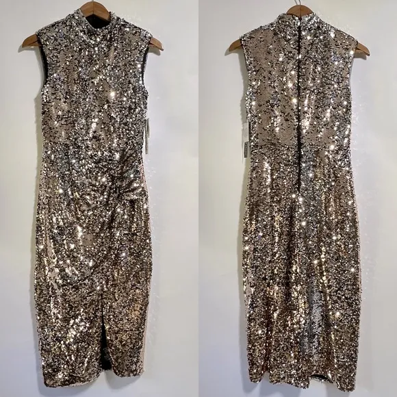 NWT Clover &amp; Sloane Womens Sleeveless Sequin Midi Sheath Dress gold silver 4