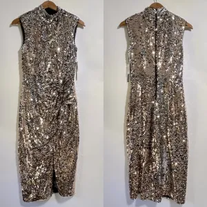 NWT Clover &amp; Sloane Womens Sleeveless Sequin Midi Sheath Dress gold silver 4