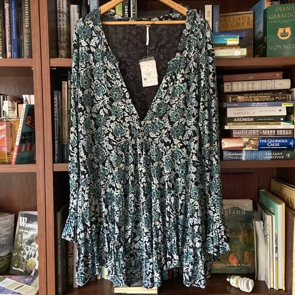 NWT Free People Olivia Printed Tunic Mini Dress in Deep Sea Combo Women's Size M