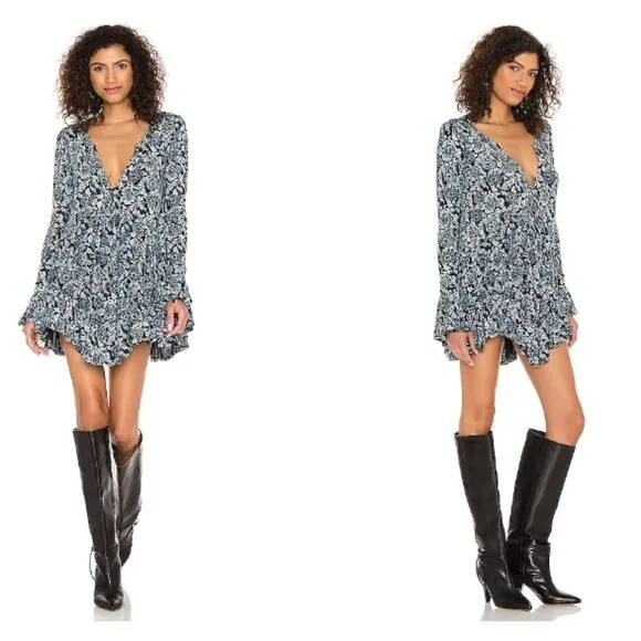 NWT Free People Olivia Printed Tunic Mini Dress in Deep Sea Combo Women's Size M
