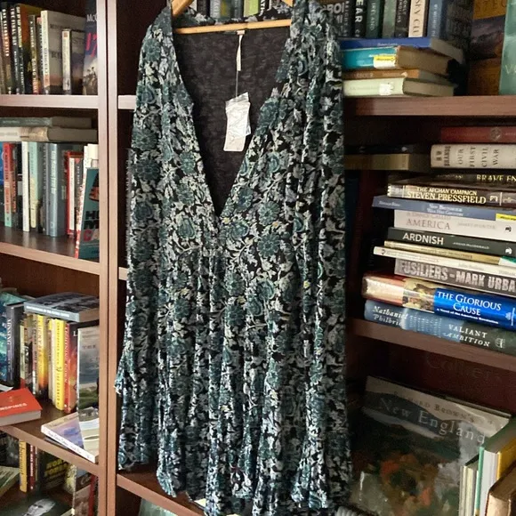 NWT Free People Olivia Printed Tunic Mini Dress in Deep Sea Combo Women's Size M