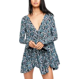 NWT Free People Olivia Printed Tunic Mini Dress in Deep Sea Combo Women's Size M